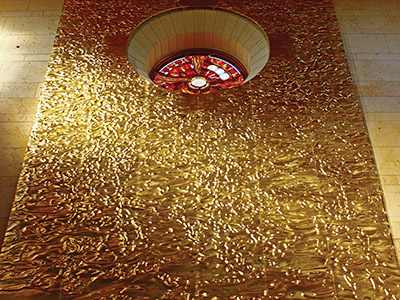 The gold leaf glass installation at the Church of the Transfiguration
